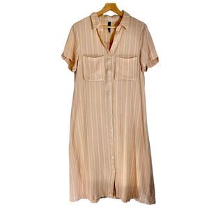 Knot Sisters Blush pink linen striped Button up midi Dress lagenlook coastal L